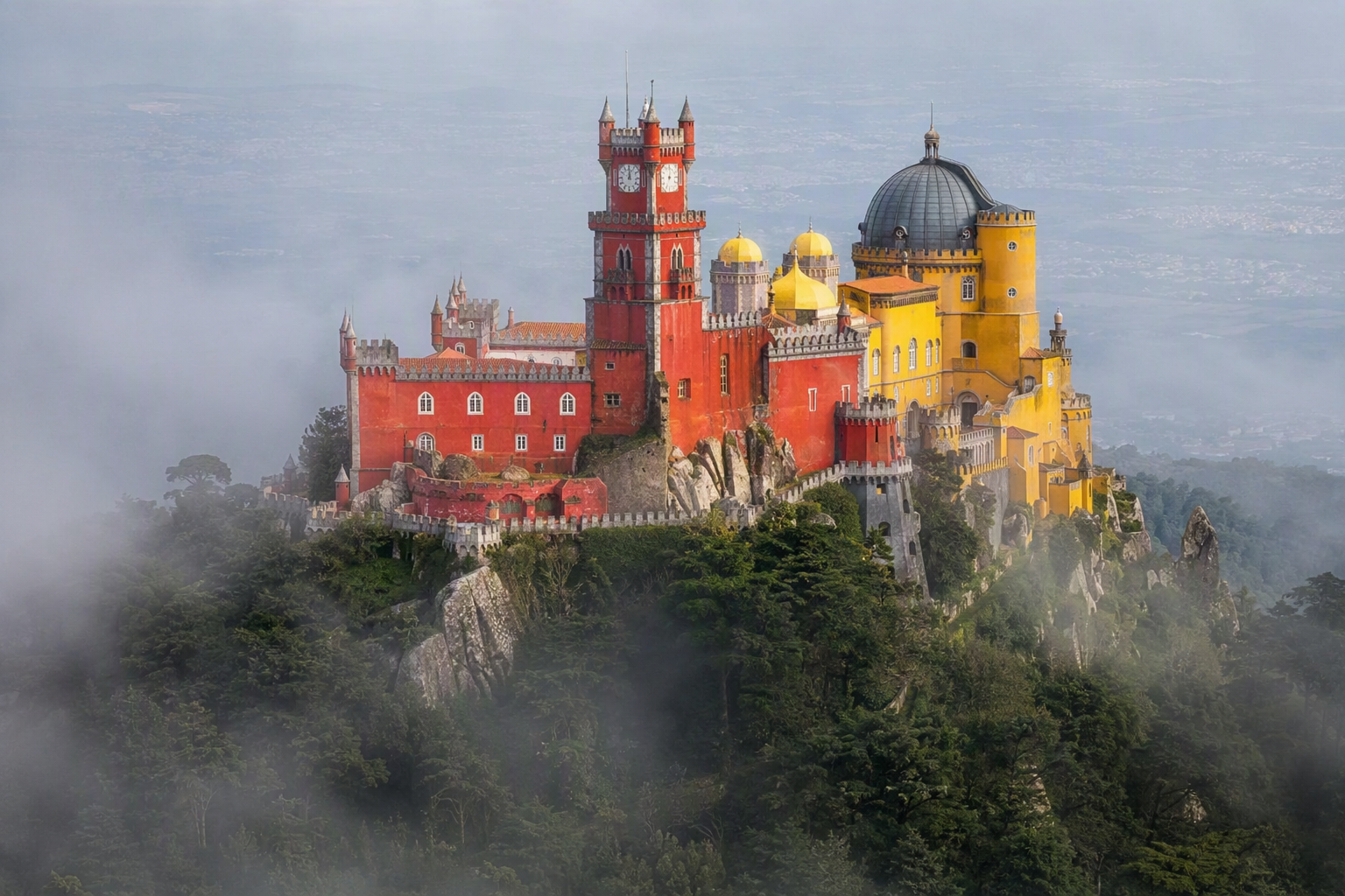 Palácio da Pena entre a neblina na serra de Sintra